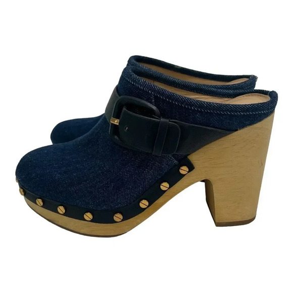 Veronica Beard Dacey Buckle Platform Clogs Eclipse Blue Denim Mules Slip On 6 - Picture 5 of 12